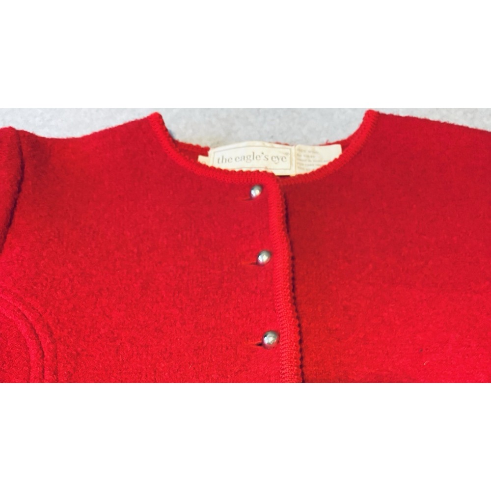 Vintage The‎ Eagles Eye Size 10 Boiled Wool Red Cardigan Sweater Silver Buttons